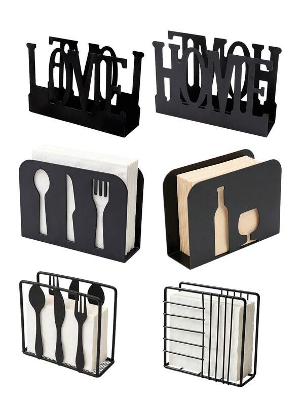 1 pieza Soporte creativo para servilletas de 6 estilos opcionales en negro, diseño cuadrado vertical, incluye soporte para copa de vino/LOVE/cubiertos/rejilla para cubiertos/rayas horizontales y verticales/letra HOME, estantería de estilo europeo para mesa de comedor, soporte de papel higiénico de hierro, decoración de mesa de cocina y comedor, decoración de mesa de restaurante de alta gama