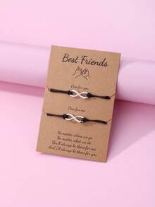 2 Piezas/set Pulsera De Aleación De Zinc Con Forma De Número 8 Para Niñas Y Tejido Con Cordón De Cera Negra, Apta Para Uso Diario - Negro - Ver 5