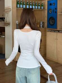 Capa base de manga larga con volantes de unicolor, nueva blusa de encaje estilo coreano 2 en 1 sexy para otoño y primavera blanca - Blanco - Ver 4