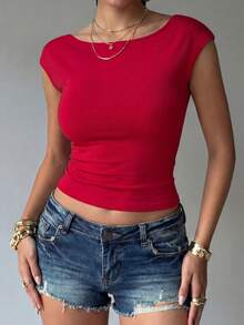 Faeriesty Stylish Women's Red Boat Neck Cap Sleeve Backless Top – Casual Chic For Streetwear, Daily Outings, Weekend Hangouts, City Exploration & Outdoor Adventures - Red - View 1