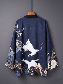 Chinese Style Retro Crane Print Casual Thin Jacket, Japanese Style Kimono Cardigan, Summer Beach Sunscreen Wear, Traditional Chinese Style - Black - View 1