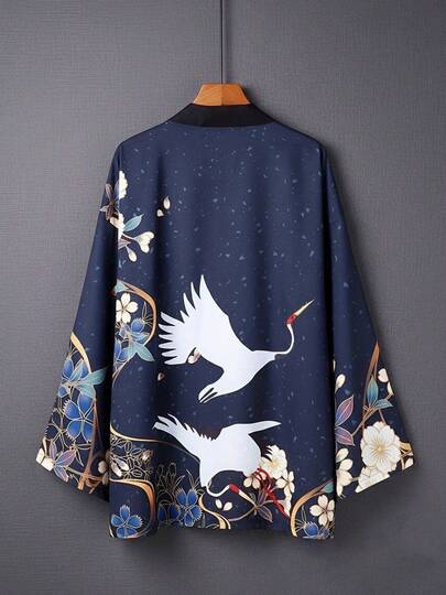 Chinese Style Retro Crane Print Casual Thin Jacket, Japanese Style Kimono Cardigan, Summer Beach Sunscreen Wear, Traditional Chinese Style