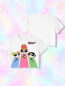 SHEIN X Powerpuff Girls 女款可愛印花短版圓領上衣，舒適休閒運動風，適合夏季日常穿著 - 彩色 - 查看 1
