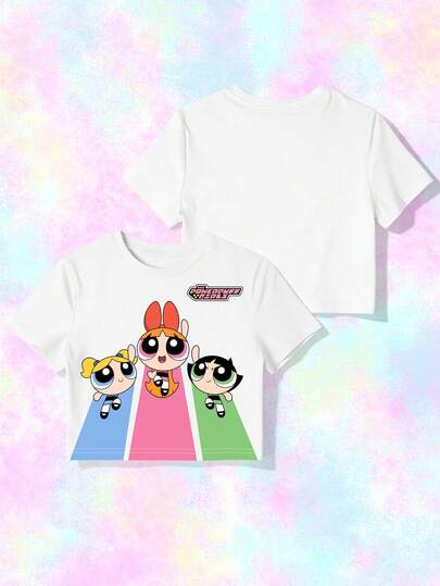 SHEIN X Powerpuff Girls Schattige korte top met print en ronde hals voor dames - Comfortabel, casual, sportief en schattig, geschikt voor dagelijks gebruik