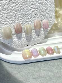 10片彩色猫眼手工美甲贴片，彩虹泡泡多巴胺猫眼闪粉玻璃珠美甲，夏季奢华时尚百搭短款假指甲，按压式美甲贴片/短款按压式美甲贴片/美甲用品（1张果冻贴纸+1个指甲锉） 手工按压式美甲贴片 - 彩色 - 查看 2