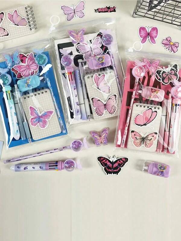9 قطعة/مجموعة هدايا قرطاسية عشوائية بموضوع الفراشات - ملصقات فراشات باللون الوردي والبنفسجي والأزرق، أقلام رصاص ناعمة، دفاتر، مسطرات وممحاة، هدايا الحفلات، جوائز الفصول الدراسية، لوازم (متعددة الألوان)