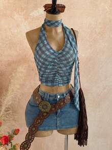 Sexy Backless Fitted Vintage Plaid Camisole, Suitable For Valentine's Day Outings, Beach Vacations, Carnival Parties, Spring/Summer - Blue - View 7