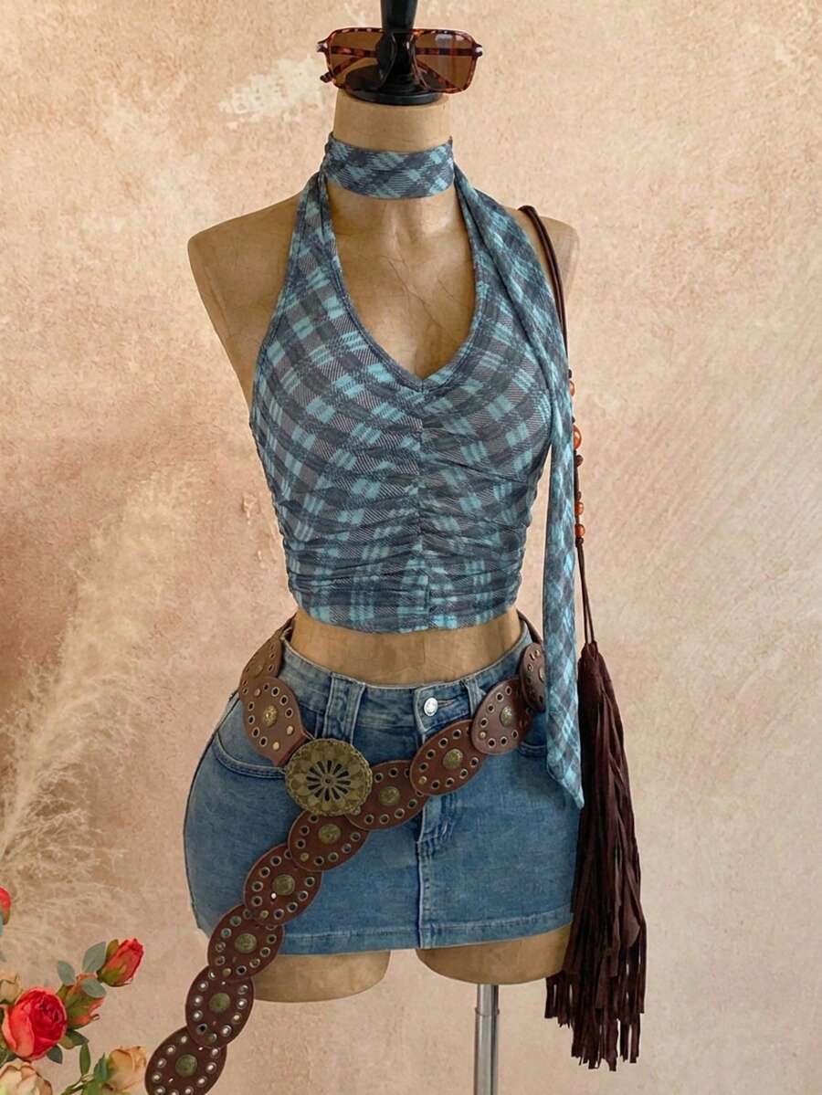 性感露背修身复古格子吊带背心，适合情人节外出、海滩度假、狂欢节派对、春夏穿着。 - 藍色 - 查看 1
