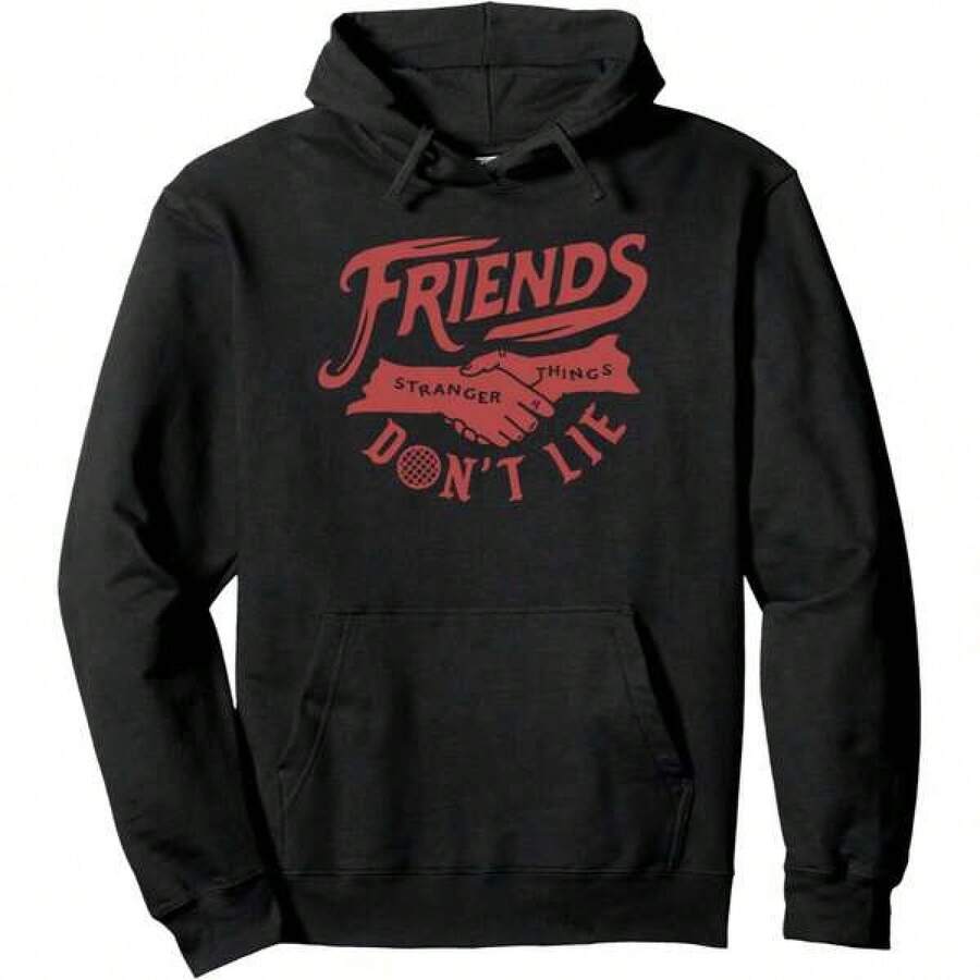 Stranger ThingsA 4 Friends Don't Lie Text Handshake Pullover Hoodie - Black - View 1