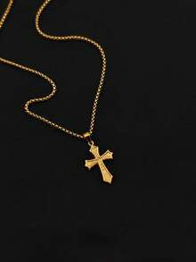 1pc New Fashionable Stainless Steel Titanium Steel Men's Cross Pendant Necklace, Suitable For Daily Wear And As A Gift - Yellow Gold - View 2