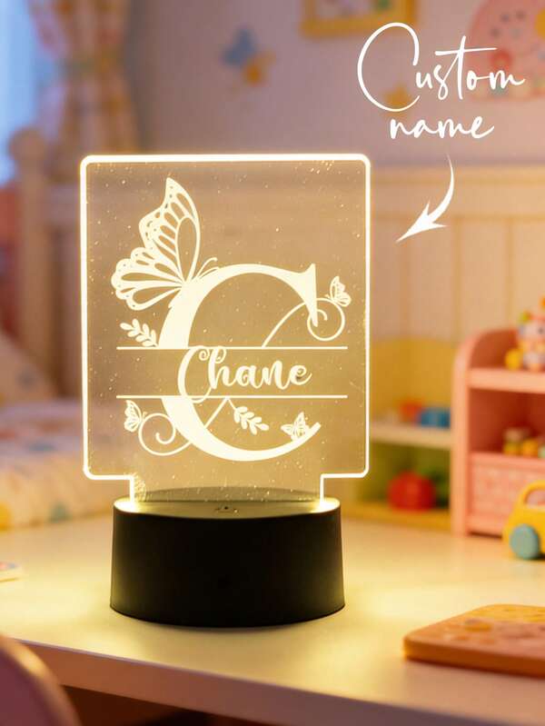 1pc Personalized Name Creative Gift, With 26-Letter Engraved Pattern Of Butterflies And Flowers. Suitable For Boys, Girls Or Friends. 3D Light Effect LED Night Light, Warm Light, Birthday Gift, Decoration Lamp, Desktop Lamp, Night Lighting.