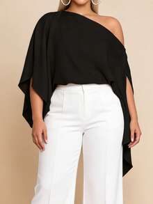 Women's Plus Size Flowy Tops Fashionable Solid Color Batwing Sleeve Off One Shoulder Loose Fit Blouse For Casual Daily Wear - màu đen - Xem 3