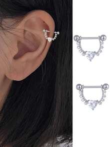 1 Pair Women's Stainless Steel Zirconia Heart Screw Stud Earrings, Punk Piercing Everyday Accessory - Silver - View 8