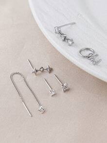 6pcs Cubic Zirconia Star & Moon Dangle Earrings, Suitable For Women's Daily Wear, Dates, Parties - Silver - View 2