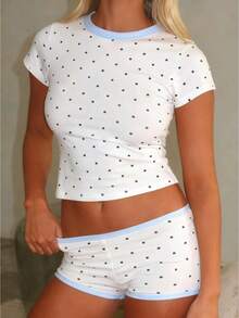 Women's Polka Dot Contrast Trim Loungewear Set - Sleeve Cropped Tee  Shorts Pajama Set With For Summer Cozy Home  Casual Relaxation - 白色 - 查看 1