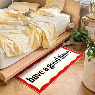 1pc "Have A Good Time" Letter Design - Red Border Decorative Rug, Suitable For Decorative Rug, Bedroom Decor, Small Rug, Carpet, Home Decor, Living Room Rug, Living Room Small Rug, Bedroom Rug, Living Room Home Decor, Outdoor Rug, Washable Rug, Plush Rug, Thick Rug, Fluffy Rug, Autumn/Winter Rug
