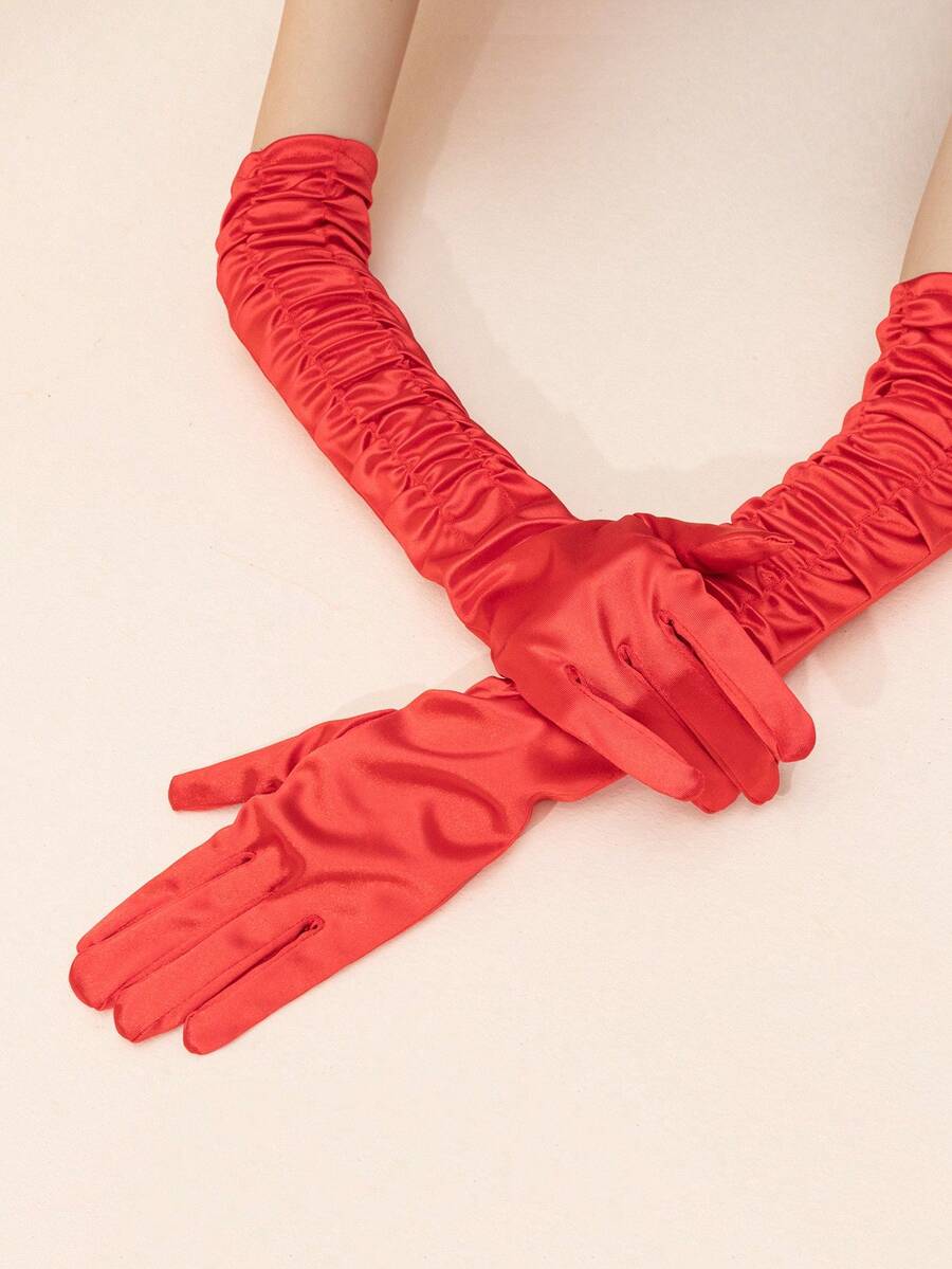 1 Pair Plain Ruffle Long Formal Gloves For Wedding Party