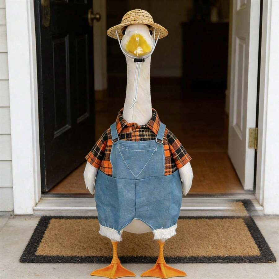 Porch Goose Farmer Outfit, Cute Overall Costume With Straw Hat For Lawn Goose Statue Patio Decoration - 多色 - 查看 1
