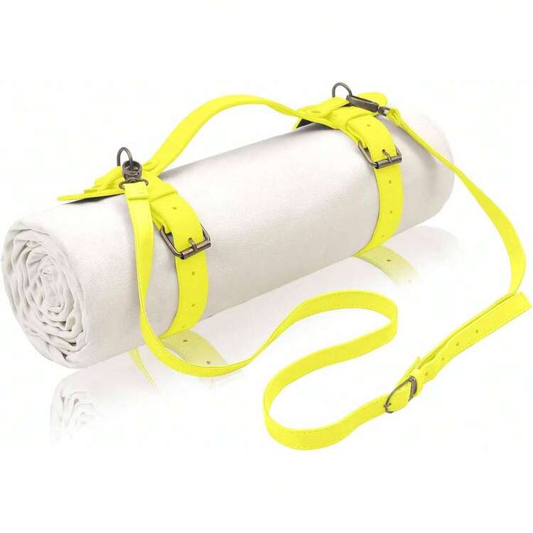 Manta de Picnic Blanca Extragrande de 121.92 cm x 182.88 cm 17.78 cm, Resistente al Agua, Manta de Playa de Parque al Aire última intervensión, tapete de Camping, Lona - Correa de hombro blanca cremosa + amarillo neón - Añade 13