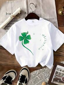 Valentine Outfits For Women2026Rhinestone Heart & Four-Leaf Clover Printed Black T-Shirt - Casual Crew Neck, Breathable,  Summer Tee With Sparkle Details - Perfect For Valentine's Day, St Patrick's Day, Everyday Wearvalentine's Day Valentines Clothes - 綠色 - 查看 7