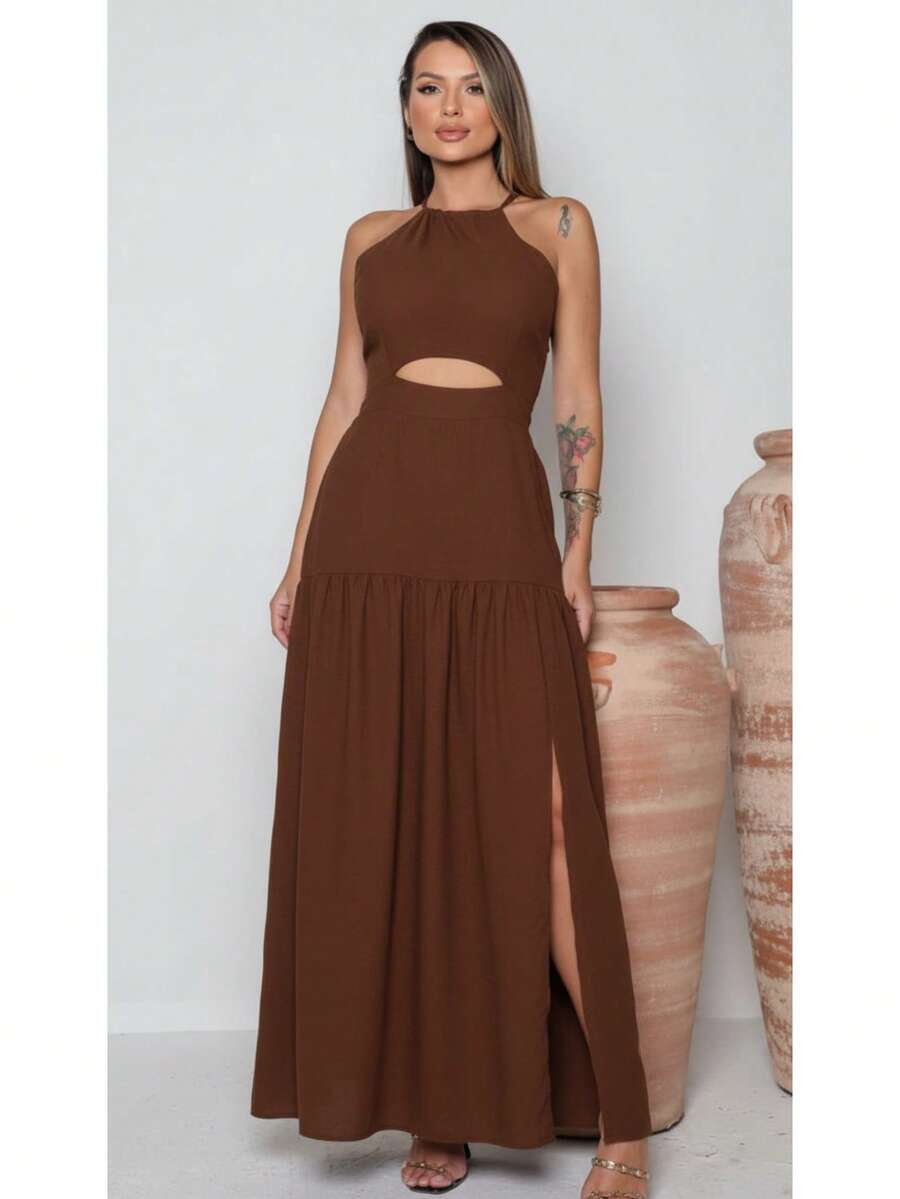 Serena Luxury Women's Long Dress With Padded Cups, Front Cutout, Crossover Back And Side Slit. Casual, Elegant, Party, Asymmetrical, Everyday, Vacation. - 鏽棕色 - 查看 1