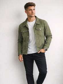Men's Iron Button Twill Jacket - xanh quân đội - Xem 3