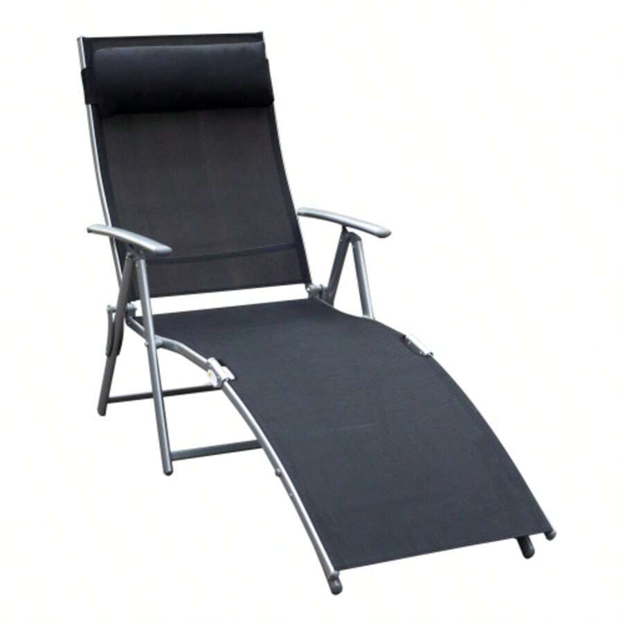 Folding Garden Sun Lounger With Cushion, 137 X 63.5 X 100.5 Cm, Metal And Fabric, Black, For The Beach And Terrace - C - View 1