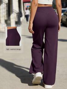 NcmRyu 1pc Women High Waist Elastic Loose Flared Leg Casual Pants - Purple - View 1
