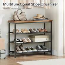 HOOBRO Shoe Rack With 4 PU Shelves 5-Tier Shoe Storage Organizer For Closet And Entryway Holds 12-16 Pairs Of Shoes Sturdy Metal Frame Small Spaces Rustic Brown And Black BF95XJ01 - Brown + Black+75 X 28.5 X 59 cm (4 Tiers) - View 6