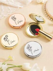 1个个性化刻字不锈钢便携镜，饰有生日花图案 - 可定制姓名，适合女性、伴娘、求婚、婚礼、生日、圣诞节等场合，优雅便携，可定制姓名 | 精致便携镜 | 刻字配饰 - 彩色 - 查看 8