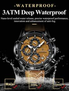 POEDAGAR 1件男士时尚休闲石英日历计时腕表，PU皮表带，防水夜光，适合日常佩戴，男士礼物 - 黑色 - 查看 4