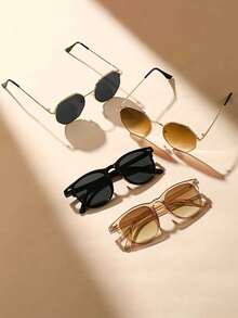 4 Sets Of Vintage Beige Full Frame Nail Art Decorations & Fashion Glasses, Fashionable Lightweight Decorative Glasses, Retro Metal Polygonal Fashion Decorative Glasses, Outdoor Casual Glasses, Gaming & Photography Decorative Glasses - 彩色 - 查看 3