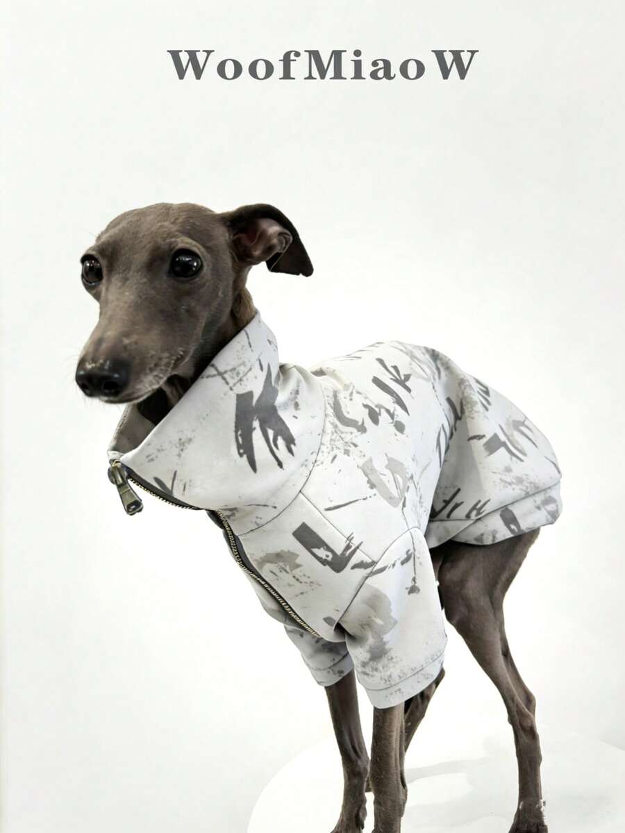 Italian Greyhound Whippet Dog Clothes, Navy Blue Printed Zip-Up Jacket, Windproof Warm Fashionable Pet Apparel - White - View 1