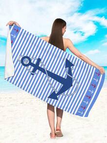 1pc Fashionable Simple Blue Striped Beach Towel, Anchor & Ocean Printed Beach Towel, Super Soft Quick Dry Beach Towel, Suitable For Travel, Camping, Swimming Pool, Yoga, Fitness, Shower, Beach Swimming Accessories, Beach Holiday Essential Gift (Single-Sided Floral Print, Multiple Colors Available) - Blue Stripes - View 5