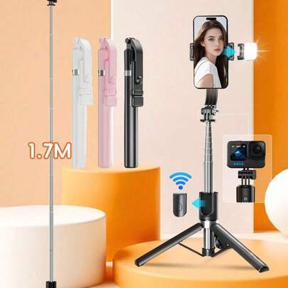 1,7 m Palo de selfie inalámbrico Bluetooth con trípode y luz de relleno LED, soporte de teléfono portátil de acero inoxidable giratorio 360°, ligero y compacto, compatible con iPhone 16/15/14/13/12/11/XS/XR/X/Plus, Galaxy S25/S24/S23/S22 Ultra y smartphones Android, incluido GoPro, adecuado para viajes, selfies, vacaciones, luz de relleno, actividades al aire libre, transmisión en vivo, vlogging, etc.