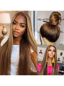 ZHENDEFA 4/27 Ombre Honey Gold Highlight Straight Human Hair Invisible 360 Degree Full Lace Wig With 200% Density Brazilian Remy Hair Hairline - S4/27 - View 5