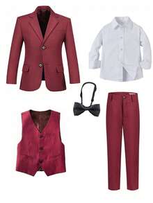 3-10岁男童五件套西装，幼儿燕尾服正式套装，包含花童制服外套、马甲、裤子、衬衫、领带，适合生日派对、婚礼、周年纪念日等场合，酒红色 - 酒紅色 - 查看 2