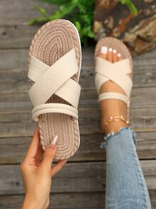 Nuevas sandalias/pantuflas planas de playa bohemias versátiles de moda para exteriores/interiores de talla grande, ropa de calle Y2K - Beis - Ver 3