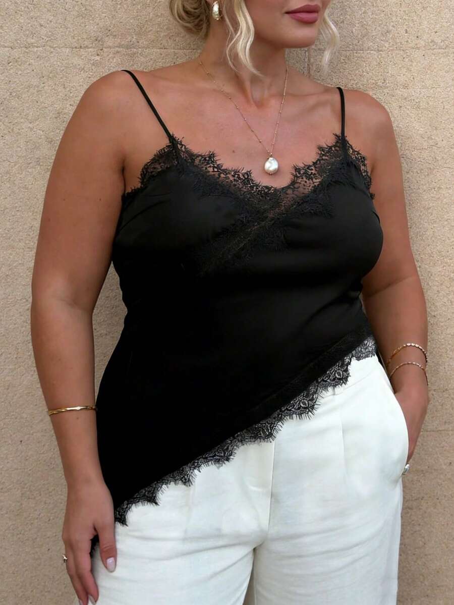 大码女士性感缎面纯色撞色蕾丝不对称下摆吊带背心，黑色上衣，性感女式衬衫，万圣节服装，派对服饰 - 黑色 - 查看 1