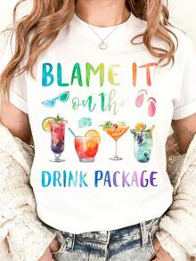 Blame It On The Drink Package Summer Cocktail Party Shirt Fun Vacation Outfit Women's Graphic Tee Beach Wear For Girls - 白色 - 查看 2