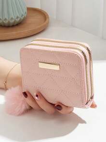 1pc Diamond Quilted Embroidered Coin Purse With Sequin Decor & Fluffy Pom Pom Charm, Cute & Sweet Handbag Suitable For Daily Use And Gift - Multicolor - View 16