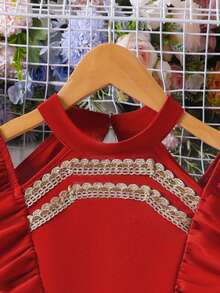 Girls' Fashionable Elegant Off-Shoulder Round Neck Ruffle Hem Mid-Length Dress - Red - View 6