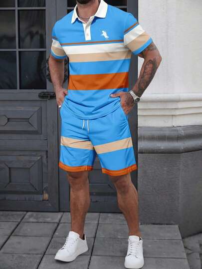 男士夏季休闲运动日常通勤撞色条纹骑士印花短袖Polo衫和抽绳腰短裤套装
