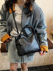 Fashionable Large Capacity Casual Minimalist Lightweight Versatile PU Leather Shoulder Crossbody Bag - Black - View 2