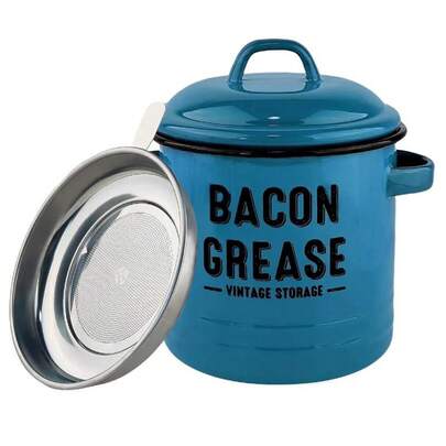 Bacon Grease Collection Jar With Strainer, Large Capacity 46 Oz Vintage Enamel Grease Collection Jar, Suitable For Grease Storage, Kitchen Utensils, Fine Mesh Strainer, Brown Stainless Steel Lid.