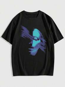 Mens Tshirts Dr Speakup ROMWE MEN Men Cotton Figure Graphic Tee Men's Fashion Print Casual T-Shirt Casual Summer T-Shirt, Comfortable Outdoor Casual Wear - 黑色 - 查看 8