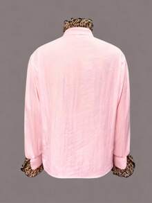 1pc Leopard Print & Solid Polyester Button Front Crossover Collar Blouse, Suitable For Everyday And Festivals, Spring, Summer, Autumn Pink - Pink - View 3