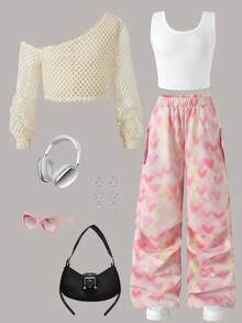 3pcs/Set Girls Casual Cream White Hollow Long Sleeve Top + White Tank Top + Pink Heart Cargo Wide Leg Pants Outfit, Suitable For Summer - Pink - View 1