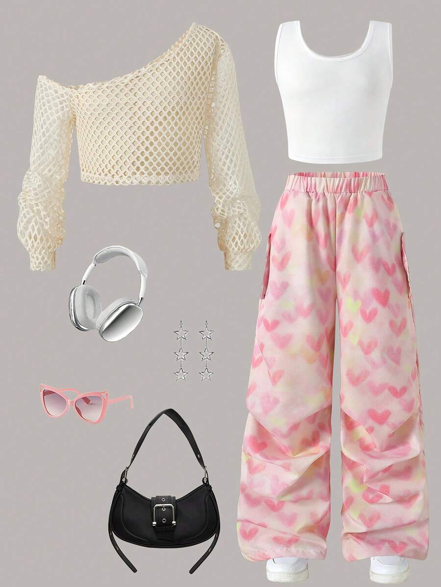 3pcs/Set Girls Casual Cream White Hollow Long Sleeve Top + White Tank Top + Pink Heart Cargo Wide Leg Pants Outfit, Suitable For Summer - Pink - View 1