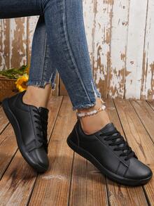 女士加大码宽楦简约风格皮革拼接系带赤足鞋，适合户外运动 - 黑色 - 查看 3